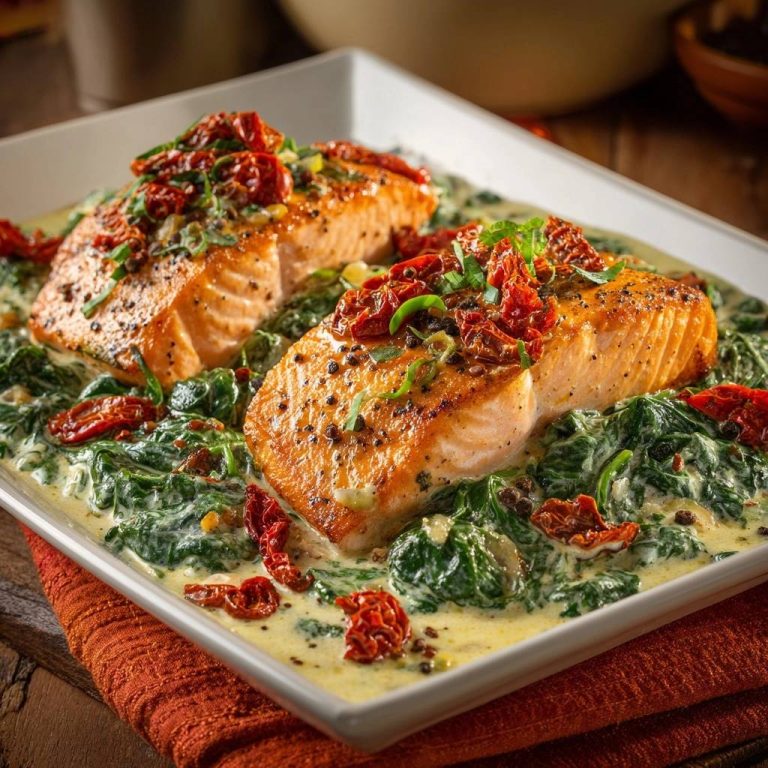 Knuspriger Lachs mit cremigem Spinat, serviert in einer cremigen Sauce, garniert mit sonnengetrockneten Tomaten und frischen Kräutern, von oben betrachtet.