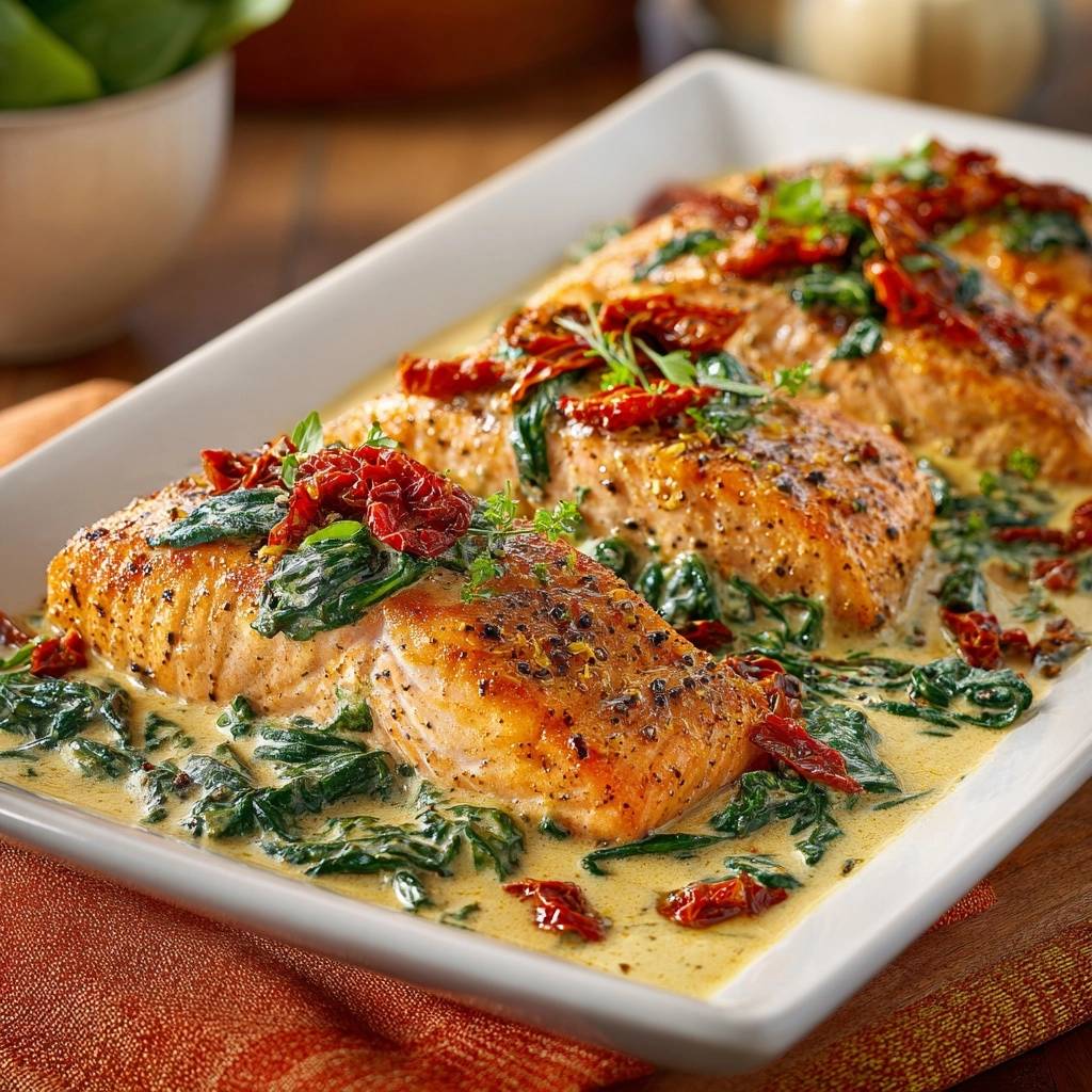 Knuspriger Lachs mit cremigem Spinat serviert in einer weißen Auflaufform, garniert mit getrockneten Tomaten und frischen Kräutern.
