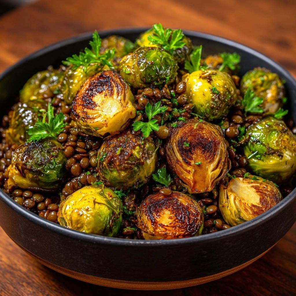 Knuspriger Rosenkohl Mit Linsen Draufsicht 1 2 Knuspriger Rosenkohl mit Linsen in einer Schüssel serviert, garniert mit frischer Petersilie, aus der Vogelperspektive. Ein köstliches vegetarisches Gericht.