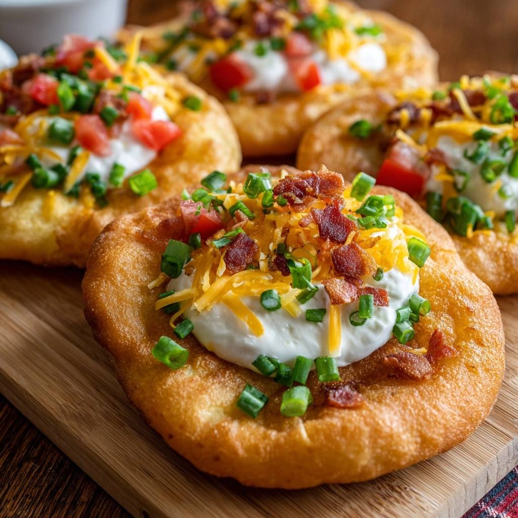 Knuspriges Fry Bread Mit Bacon Draufsicht 1 Knuspriges Fry Bread mit Bacon, Käse und Frische, serviert auf einem Holzbrett, garniert mit frischen Kräutern und knusprigem Bacon.
