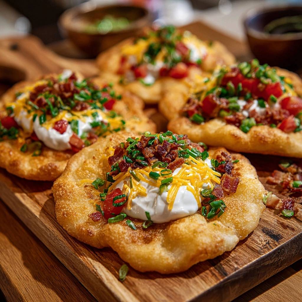 Knuspriges Fry Bread mit Bacon, Käse und Frische, serviert auf einem rustikalen Holzbrett, mit frischen Zutaten und knusprigem Bacon belegt.