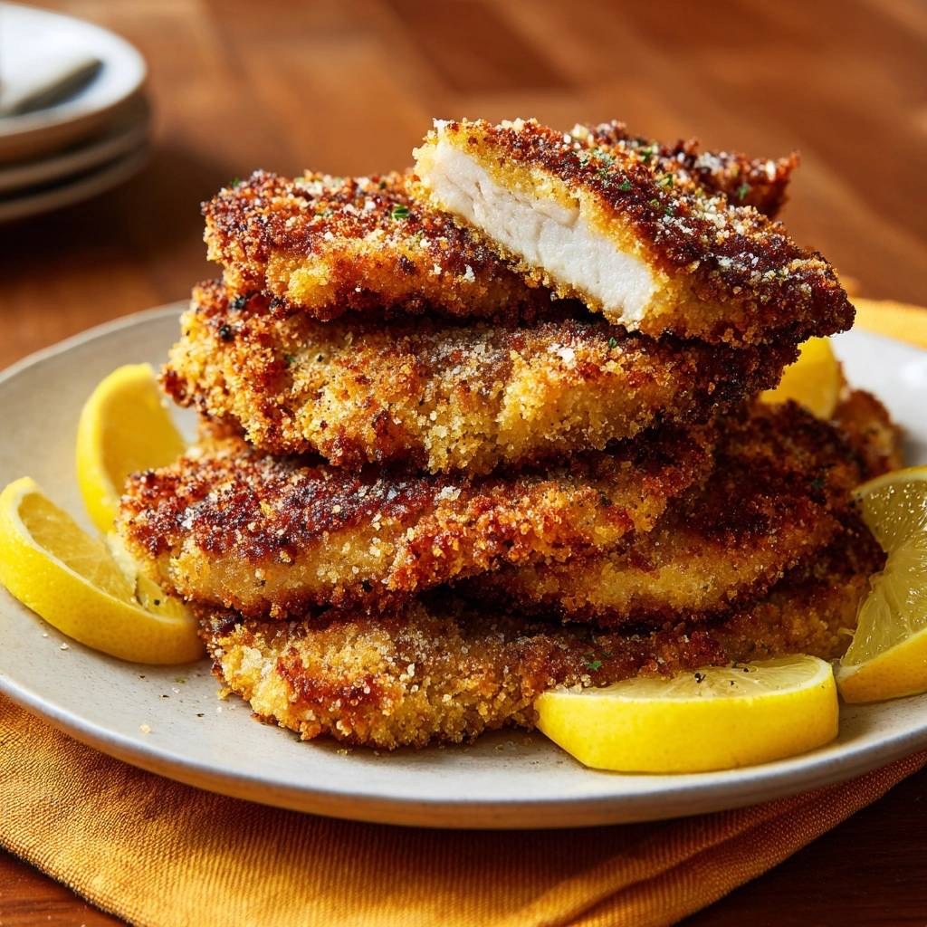 Knuspriges Hähnchenschnitzel mit Zitrone zeigt einen saftigen Querschnitt, der die knusprige Panade und das zarte Fleisch offenbart.