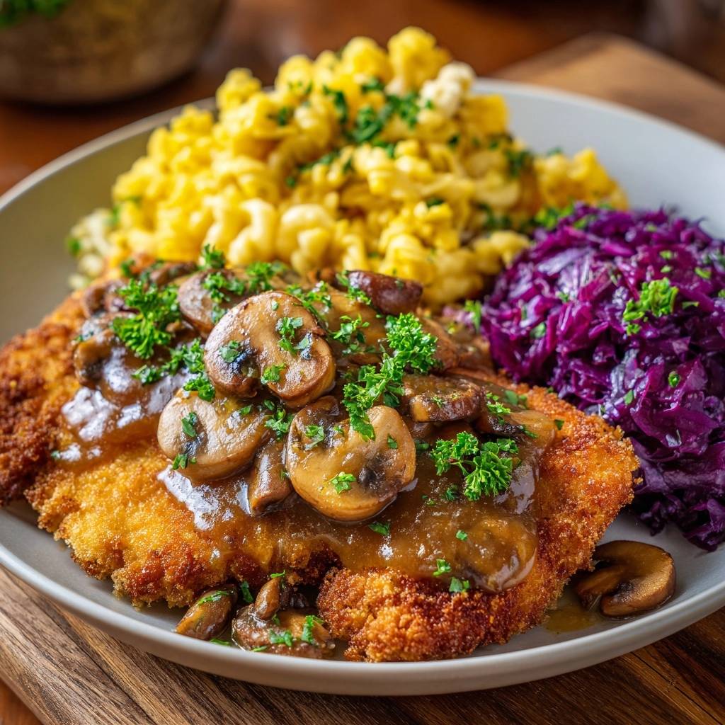 Knuspriges Hahnchenschnitzel Mit Pilzrahmsauce Serviert 1 Knuspriges Hähnchenschnitzel mit Pilzrahmsauce serviert auf einem Teller, mit Champignons, Spätzle und Rotkohl als Beilagen.