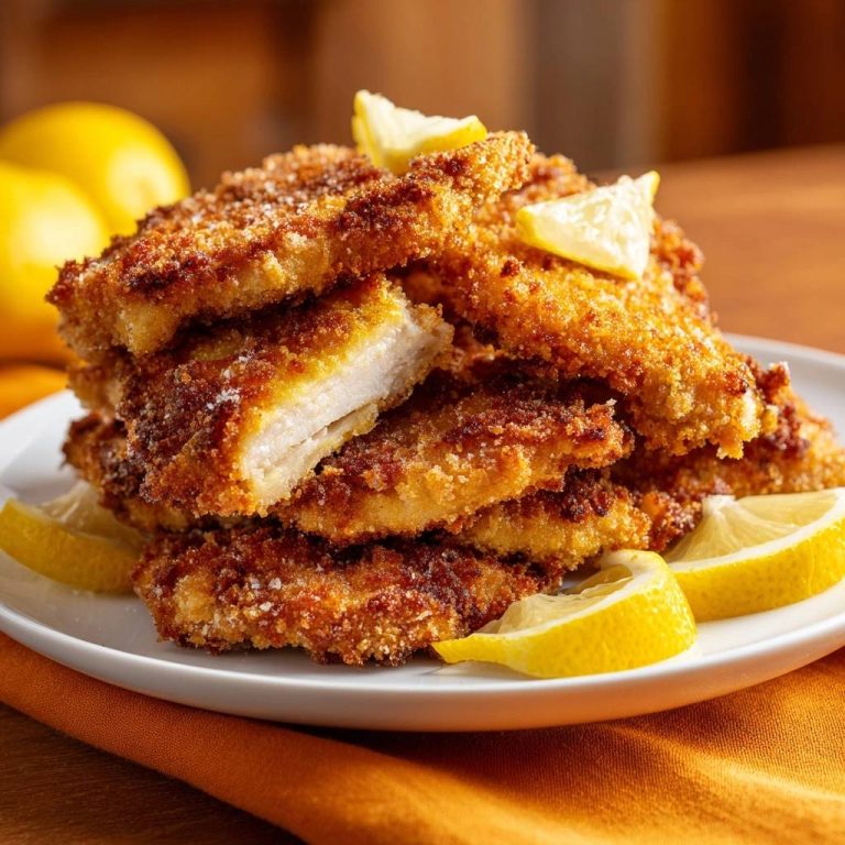 Knuspriges Hähnchenschnitzel mit Zitrone zeigt einen saftigen Querschnitt, der die knusprige Panade und das zarte Fleisch offenbart, serviert mit Zitronenscheiben.