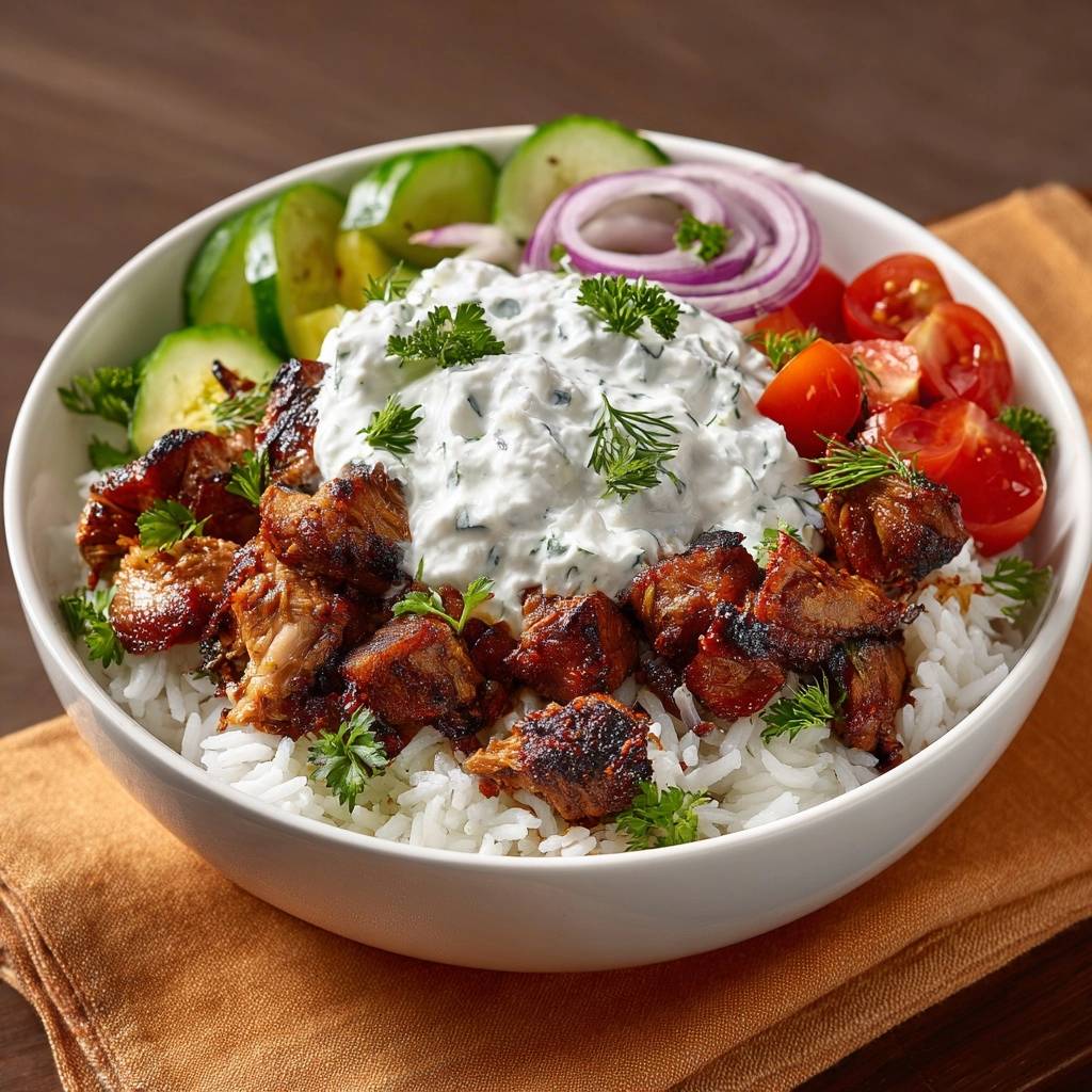 Knuspriges Hähnchen-Döner-Bowl serviert in einer Schüssel, mit frischem Gemüse, Tzatziki und knusprigem Hähnchen-Döner serviert.