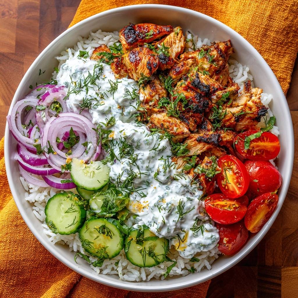 Knuspriges Huhnchen Doner Bowl Draufsicht 1 Knuspriges Hähnchen-Döner-Bowl von oben betrachtet, serviert mit Reis, Tzatziki, Tomaten, Gurken und roten Zwiebeln.