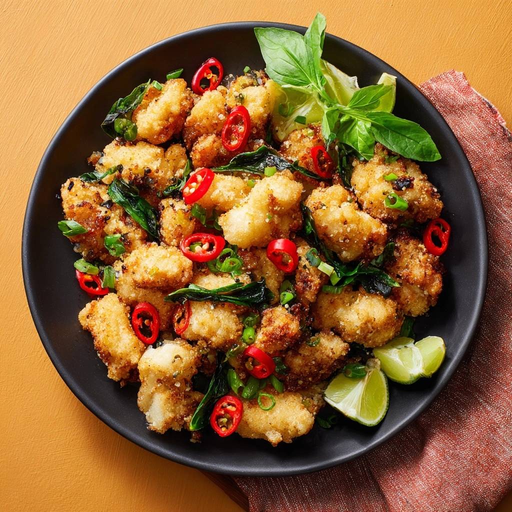 Knuspriges Thai-Basilikum-Hähnchen, serviert in einer schwarzen Schüssel. Das Gericht ist mit frischem Basilikum, Chili und Limettenspalten garniert.