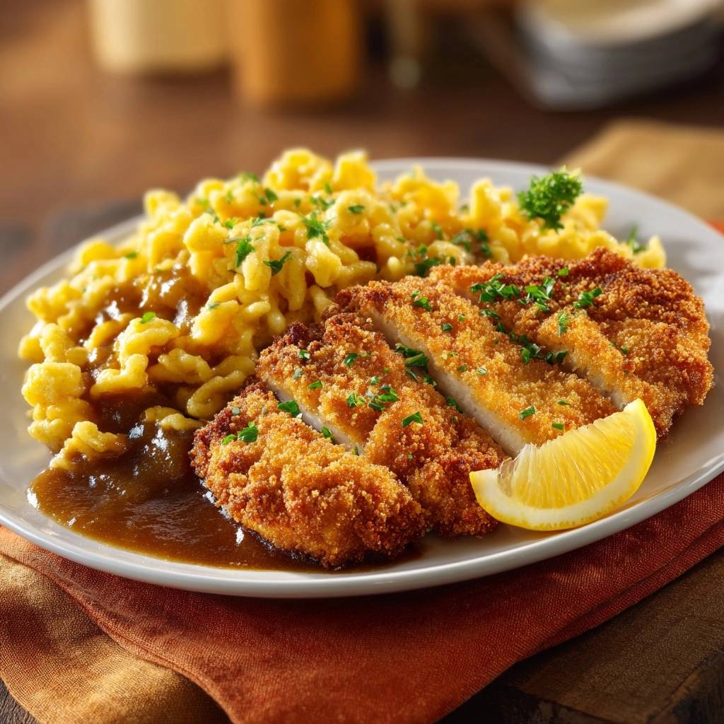 Knuspriges Wiener Schnitzel Mit Spaetzle Serviert 1 Knuspriges Wiener Schnitzel mit Spätzle, serviert auf einem weißen Teller, garniert mit frischer Petersilie und einer Zitronenscheibe.