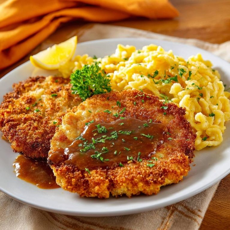 Knuspriges Wiener Schnitzel mit Spätzle, serviert auf einem Teller. Das goldbraun gebratene Schnitzel ist mit Sauce beträufelt und mit Petersilie garniert.