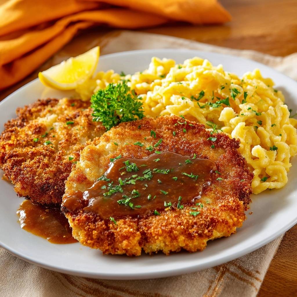 Knuspriges Wiener Schnitzel mit Spätzle, serviert auf einem Teller. Das goldbraun gebratene Schnitzel ist mit Sauce beträufelt und mit Petersilie garniert.