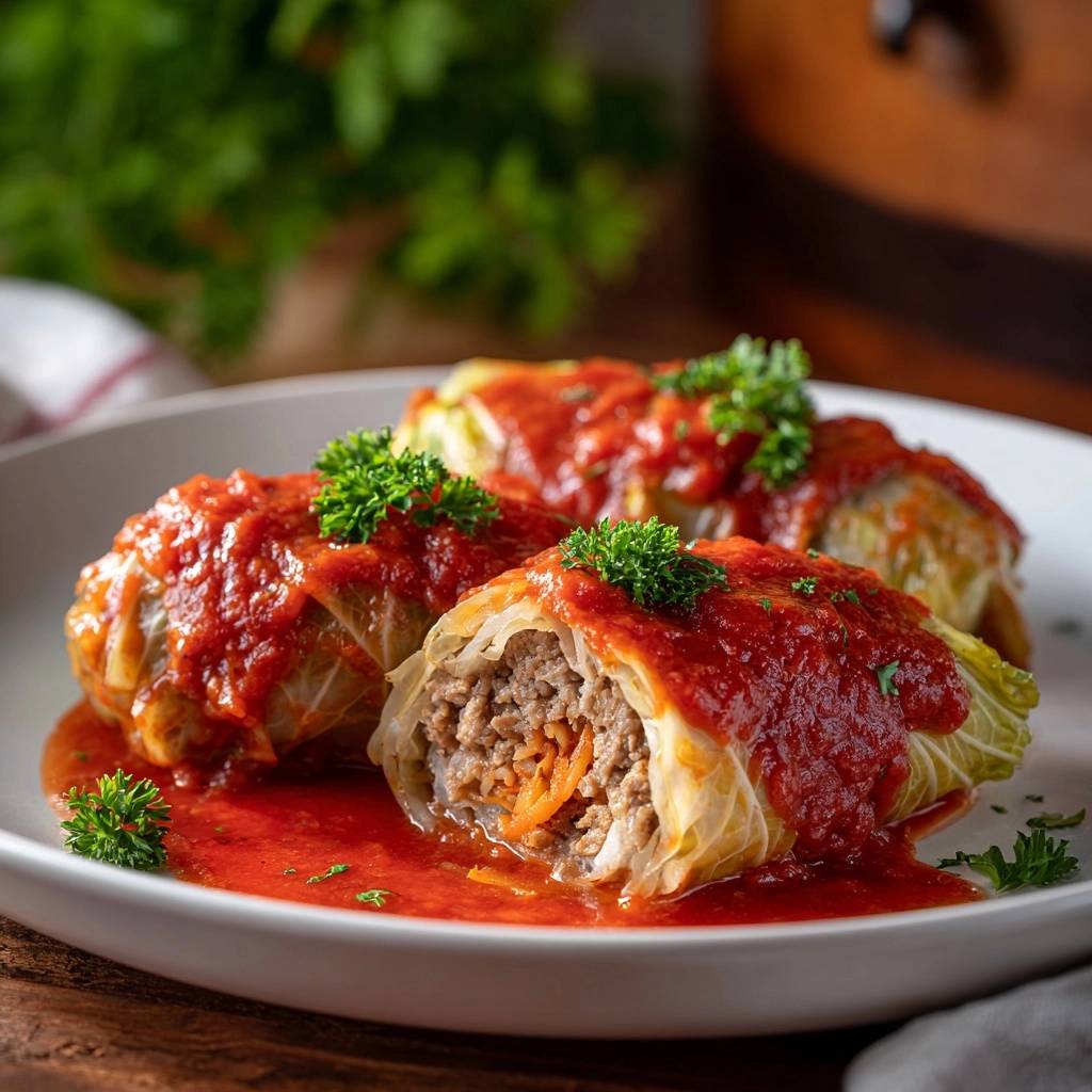 Kohlrouladen In Tomatensauce Angeschnitten 1 Saftige Kohlrouladen in Tomatensauce, angeschnitten, zeigen das herzhafte Hackfleisch und die Karottenfüllung.