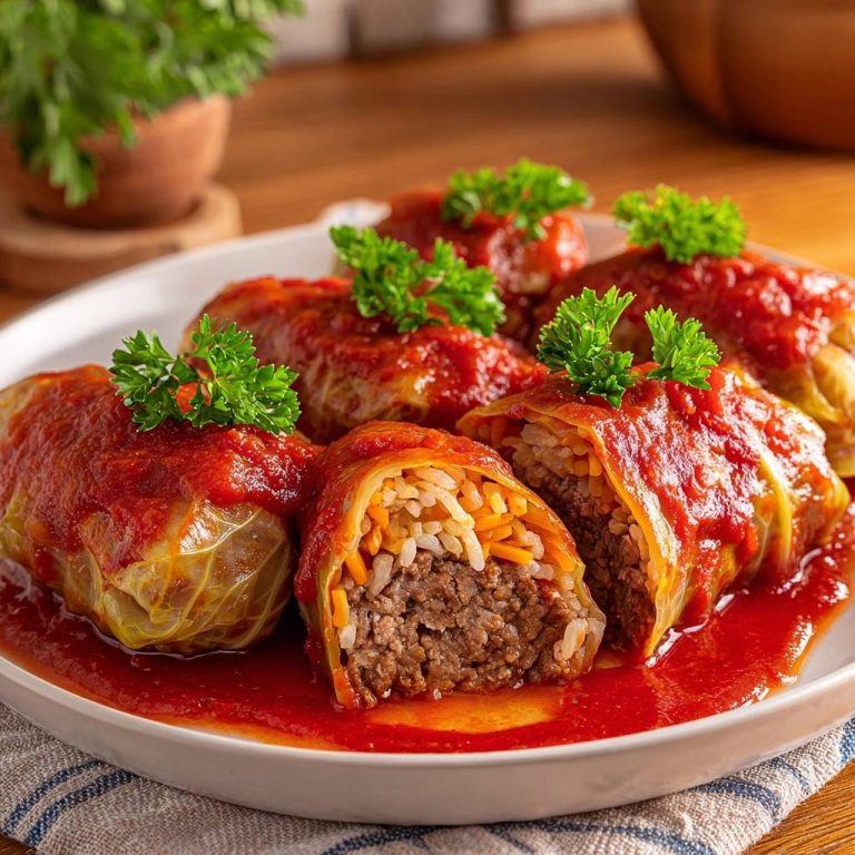 Saftige Kohlrouladen in Tomatensauce, angeschnitten, zeigen das Innere aus Hackfleisch und Reis.