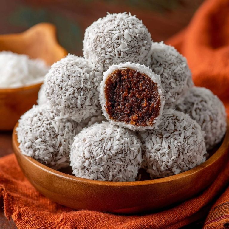 Kokos-Dattel-Bällchen mit einem angeschnittenen Ball, der die cremige, braune Innenseite zeigt und mit Kokosraspeln bedeckt ist.