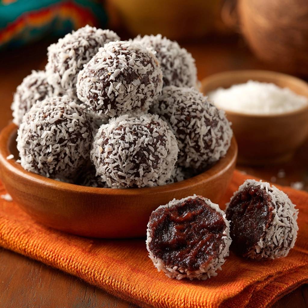 Kokos-Dattel-Bällchen zeigen hier ihre köstliche Innenseite im Nahaufnahme-Querschnitt, perfekt umhüllt von Kokosraspeln.