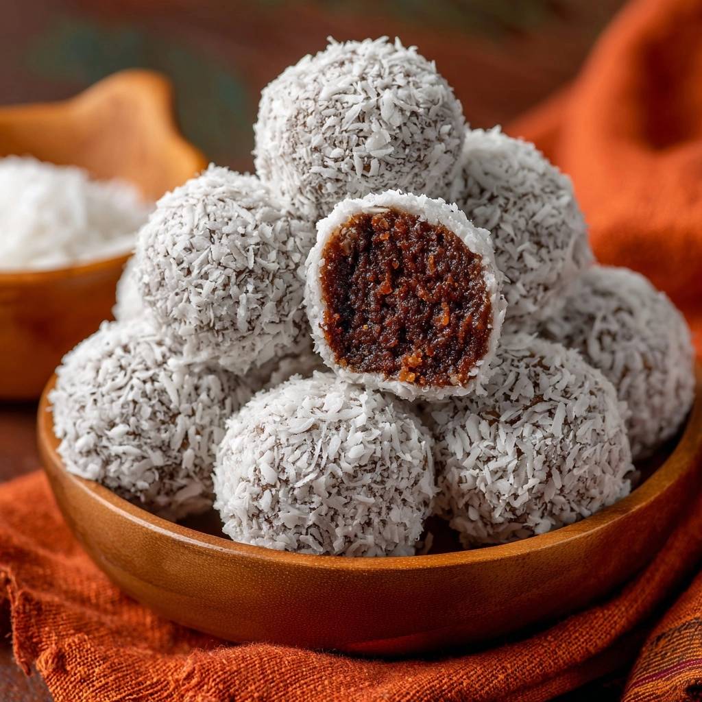 Kokos-Dattel-Bällchen mit einem angeschnittenen Ball, der die cremige, braune Innenseite zeigt und mit Kokosraspeln bedeckt ist.