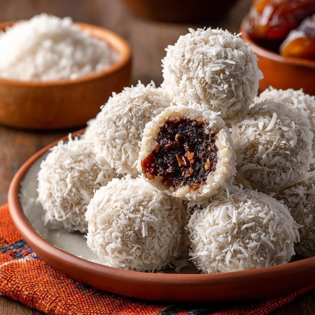 Kokos-Klebreis-Bällchen mit Dattel-Füllung zeigen hier einen köstlichen Querschnitt, der die saftige Dattel-Füllung in den Kokosbällchen offenbart.