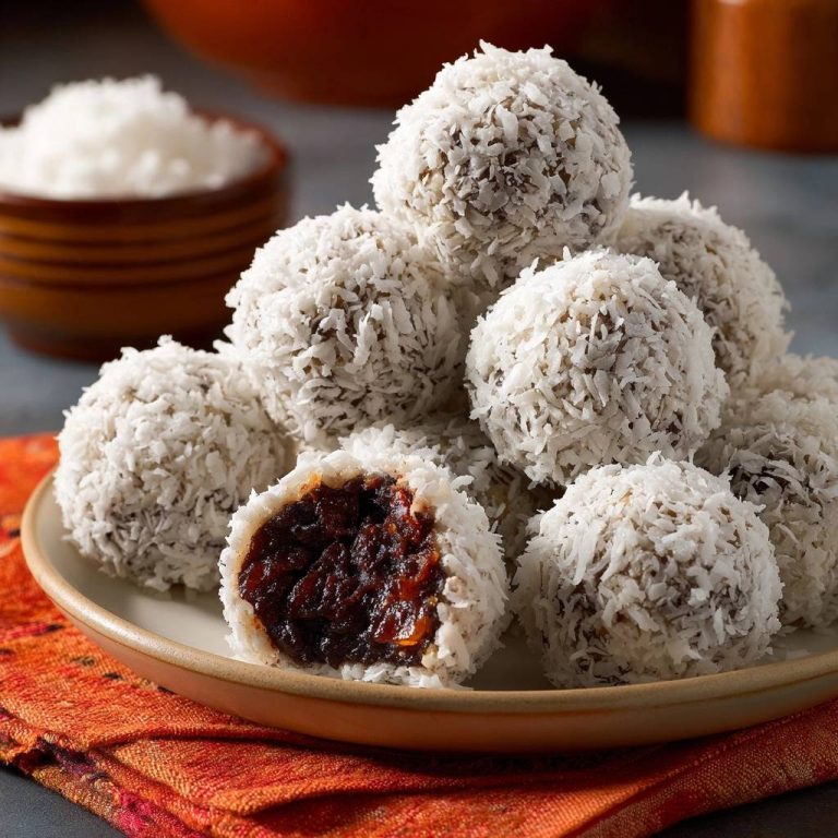Kokos-Klebreis-Bällchen mit Dattel-Füllung zeigen hier einen köstlichen Querschnitt, der die saftige Dattel-Füllung und die Kokos-Ummantelung offenbart.