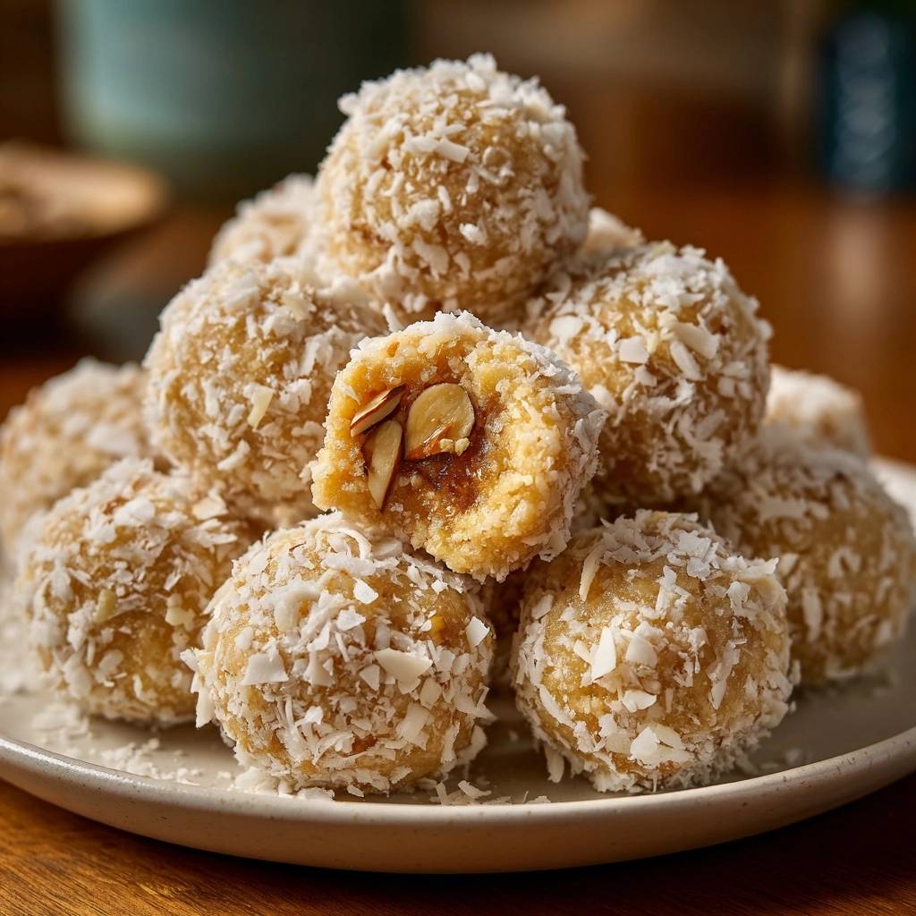 Kokos-Mandel-Bällchen zeigen einen verführerischen Querschnitt, der die Mandel-Füllung und die Kokosraspeln-Ummantelung offenbart.