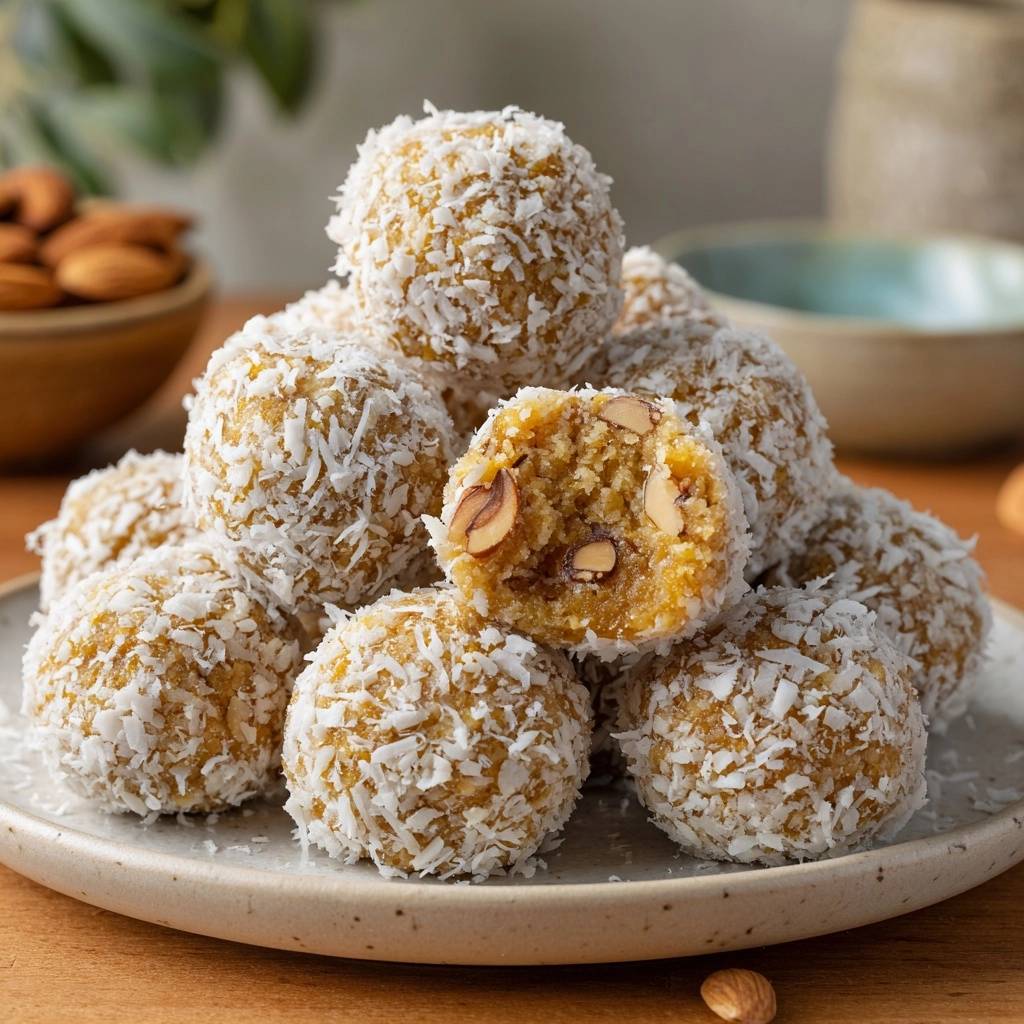 Kokos-Mandel-Bällchen mit Anschnitt, der die Mandeln im Inneren zeigt, serviert auf einem hellen Teller.