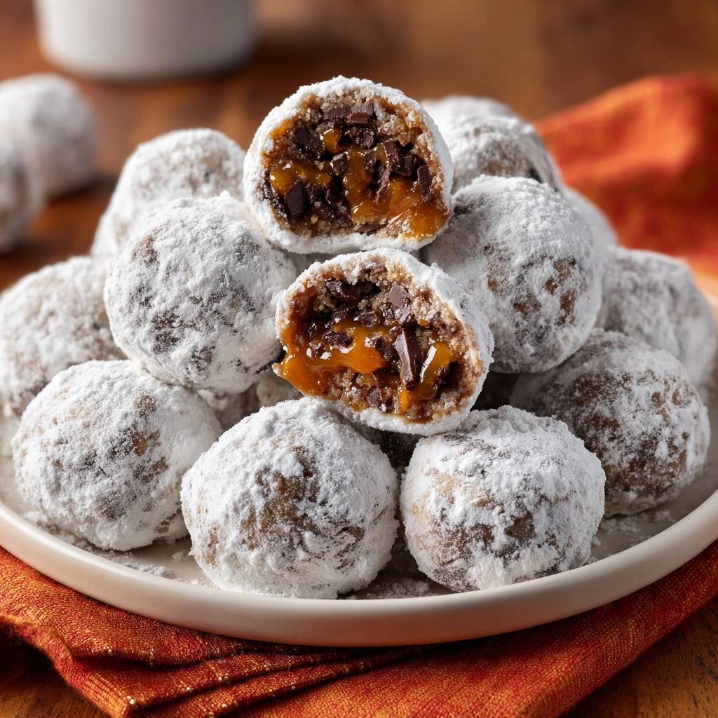 Kokos Schoko Karamell Baellchen Querschnitt Nahaufnahme 1 Kokos-Schoko-Karamell-Bällchen zeigen einen verführerischen Querschnitt, der die geschmolzene Karamellfüllung und Schokoladenstückchen im Inneren offenbart.