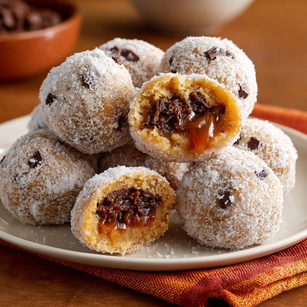 Kokos-Schoko-Karamell-Bällchen zeigen hier ihren verführerischen, karamellgefüllten Kern im Anschnitt. Die süßen Bällchen sind mit Kokosraspeln bestreut.