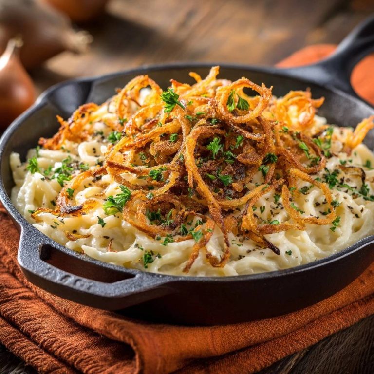 Käsespätzle mit knusprigen Zwiebeln serviert in einer gusseisernen Pfanne, garniert mit frischer Petersilie, von oben fotografiert.