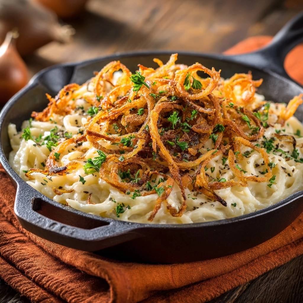 Käsespätzle mit knusprigen Zwiebeln serviert in einer gusseisernen Pfanne, garniert mit frischer Petersilie, von oben fotografiert.