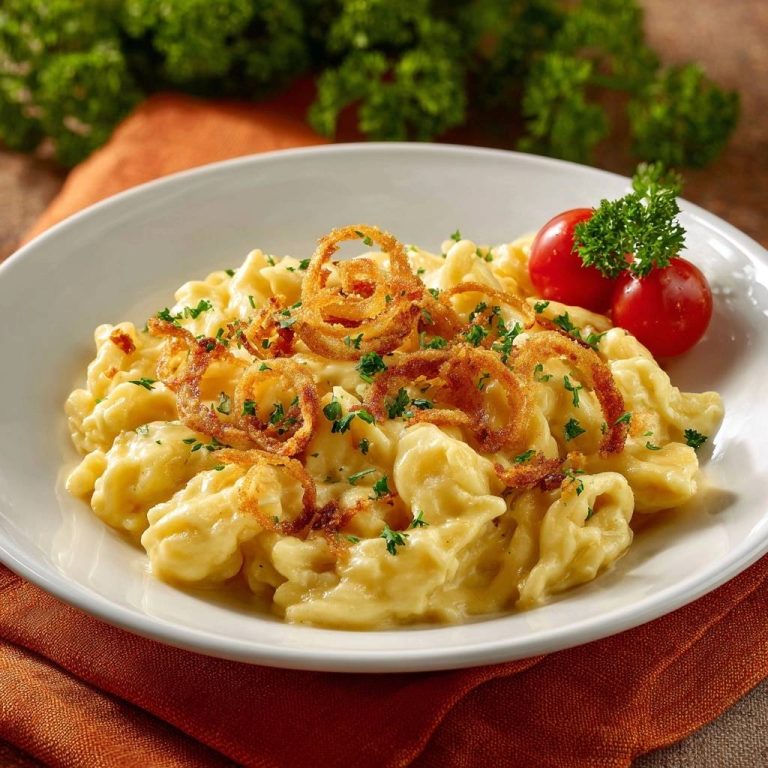 Käsespätzle mit knusprigen Zwiebeln, serviert auf einem weißen Teller, garniert mit frischer Petersilie und Tomaten. Die Käsespätzle sind mit goldenen Zwiebelringen belegt.
