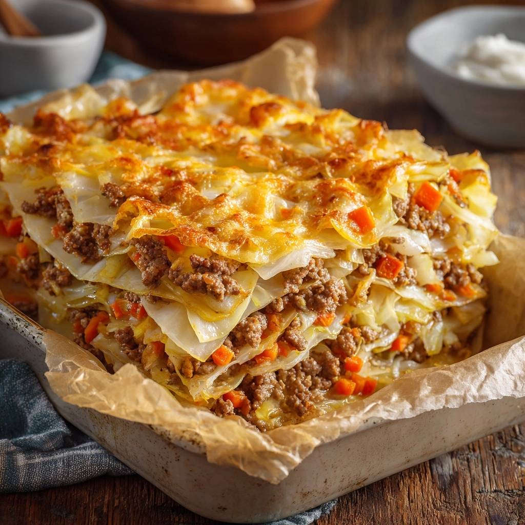 Low Carb Kohl Lasagne Querschnitt 1 Low-Carb Kohl-Lasagne mit Hackfleisch und Karotten: Ein Nahaufnahme-Querschnitt zeigt die geschichteten Zutaten und die goldbraune Kruste.