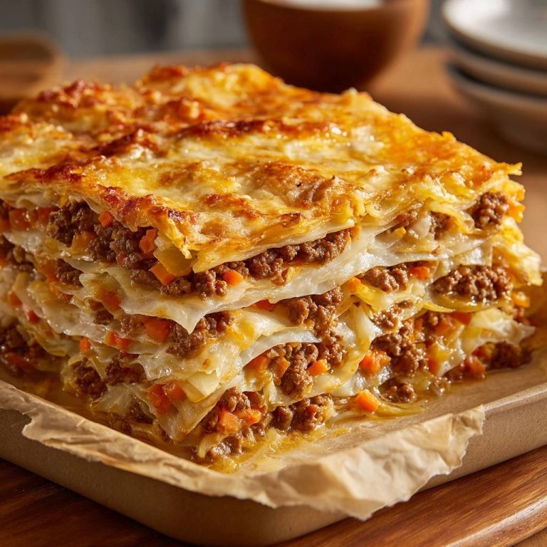 Low-Carb Kohl-Lasagne mit Hackfleisch und Karotten im Querschnitt, die saftigen Schichten mit Hackfleisch und Gemüse zeigend.