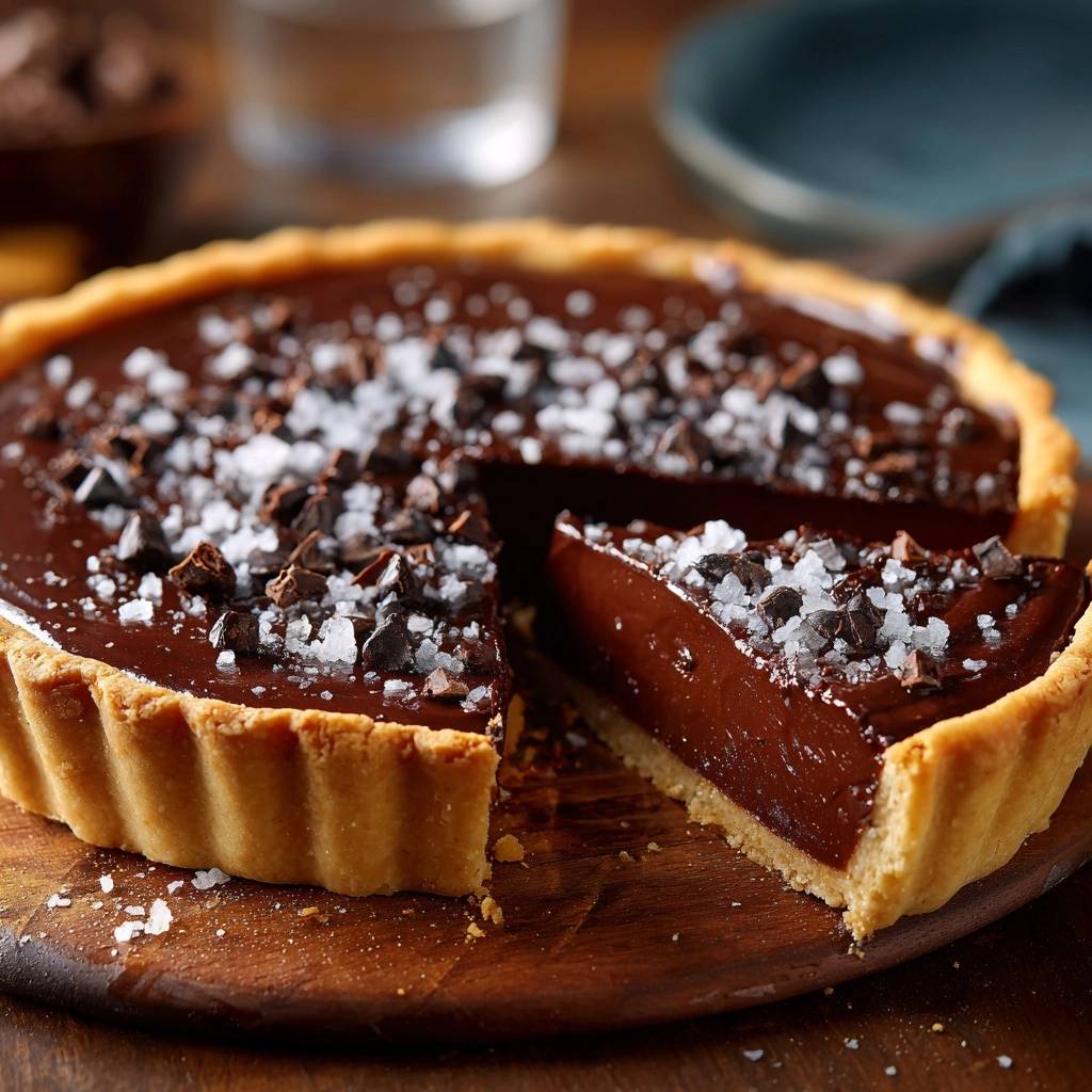 Meersalz Schokoladen Tarte Querschnitt Nahaufnahme 1 Meersalz-Schokoladen-Tarte, mit Anschnitt und Nahaufnahme, zeigt die Textur des cremigen Schokoladenkuchens und des knusprigen Teigs.