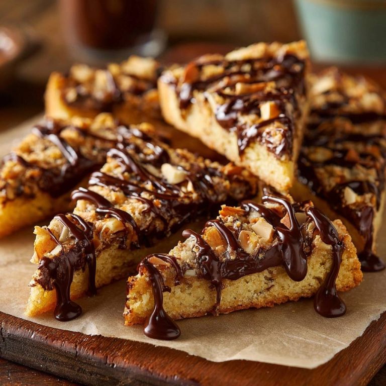 Millionär-Shortbread, serviert auf einem rustikalen Holzbrett, mit fließender Schokoladenglasur und knusprigen Mandelsplittern.