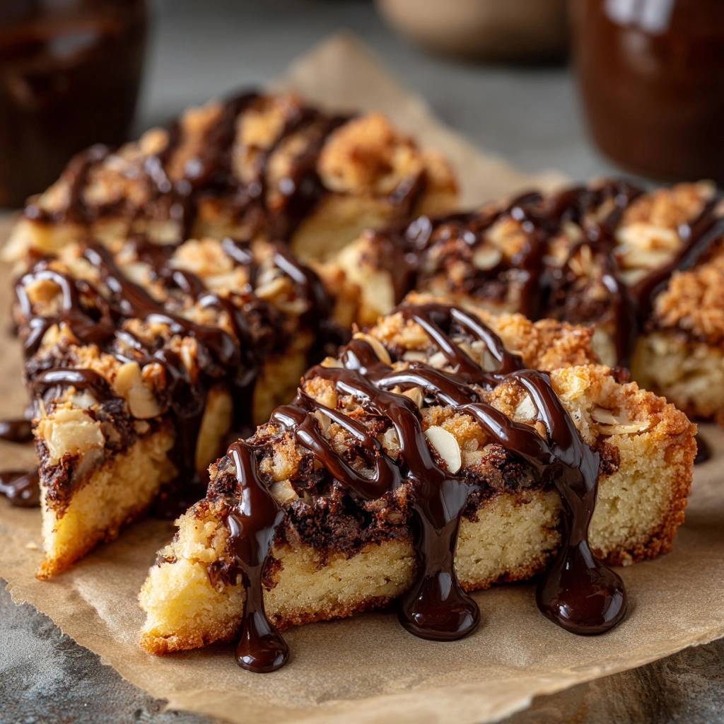 Millionar Shortbread Querschnitt Mit Schokosauce 1 Millionär-Shortbread, ein köstlicher Anschnitt mit Schokosauce, zeigt die geschichtete Textur und den reichen Geschmack.