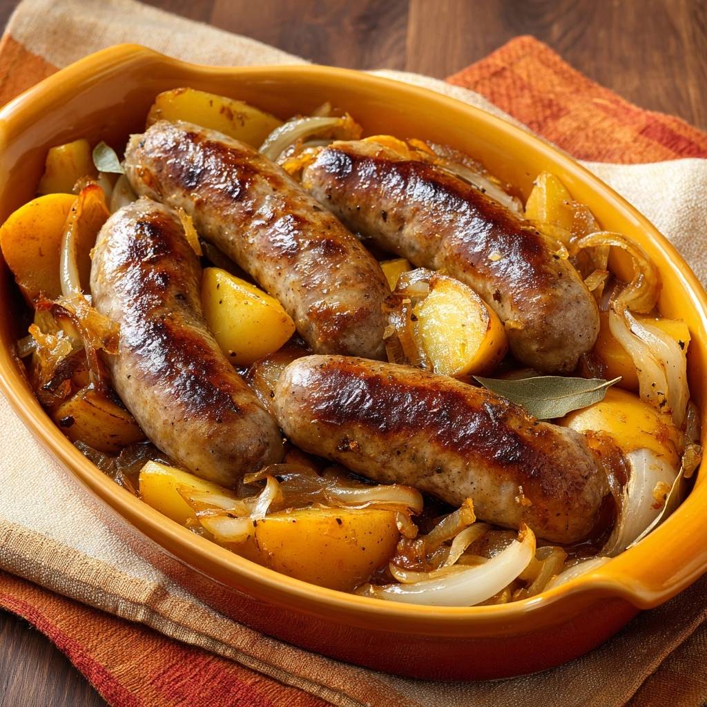 Ofen-Bratwürste mit Zwiebeln und Kartoffeln in einer Auflaufform, serviert mit goldbraunen Bratwürsten, Kartoffeln und Zwiebeln.