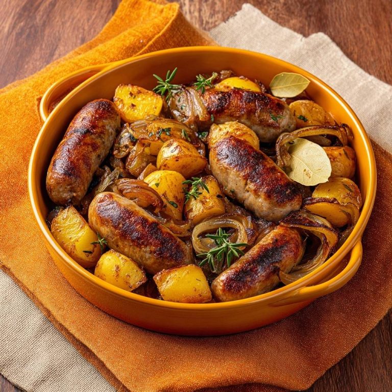 Ofen-Bratwürste mit Zwiebeln und Kartoffeln, serviert in einer rustikalen Schüssel, werden von oben gezeigt. Dieses herzhafte Gericht ist perfekt für ein gemütliches Essen.