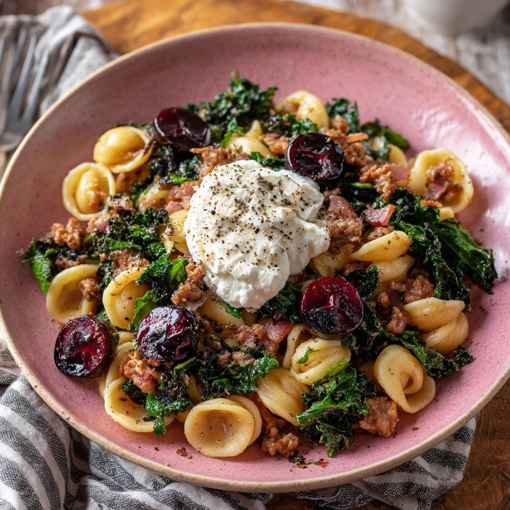 Orecchiette Mit Wurst Grunkohl Kirschen Und Burrata Draufsic 1 Orecchiette mit Wurst, Grünkohl, Kirschen und Burrata in einer rosa Schüssel, serviert mit frischem Burrata und Kirschen.