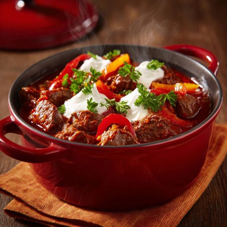 Saftiges Paprikagulasch mit zartem Rindfleisch, garniert mit frischer Petersilie und einem Klecks Sour Cream.