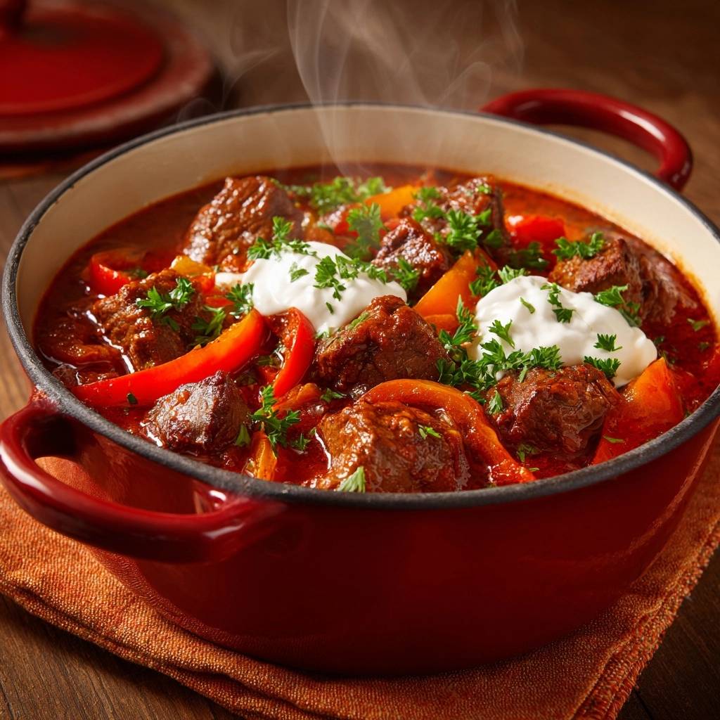 Saftiges Paprikagulasch mit zartem Rindfleisch, serviert heiss mit einem Klecks Sahne und Petersilie garniert.