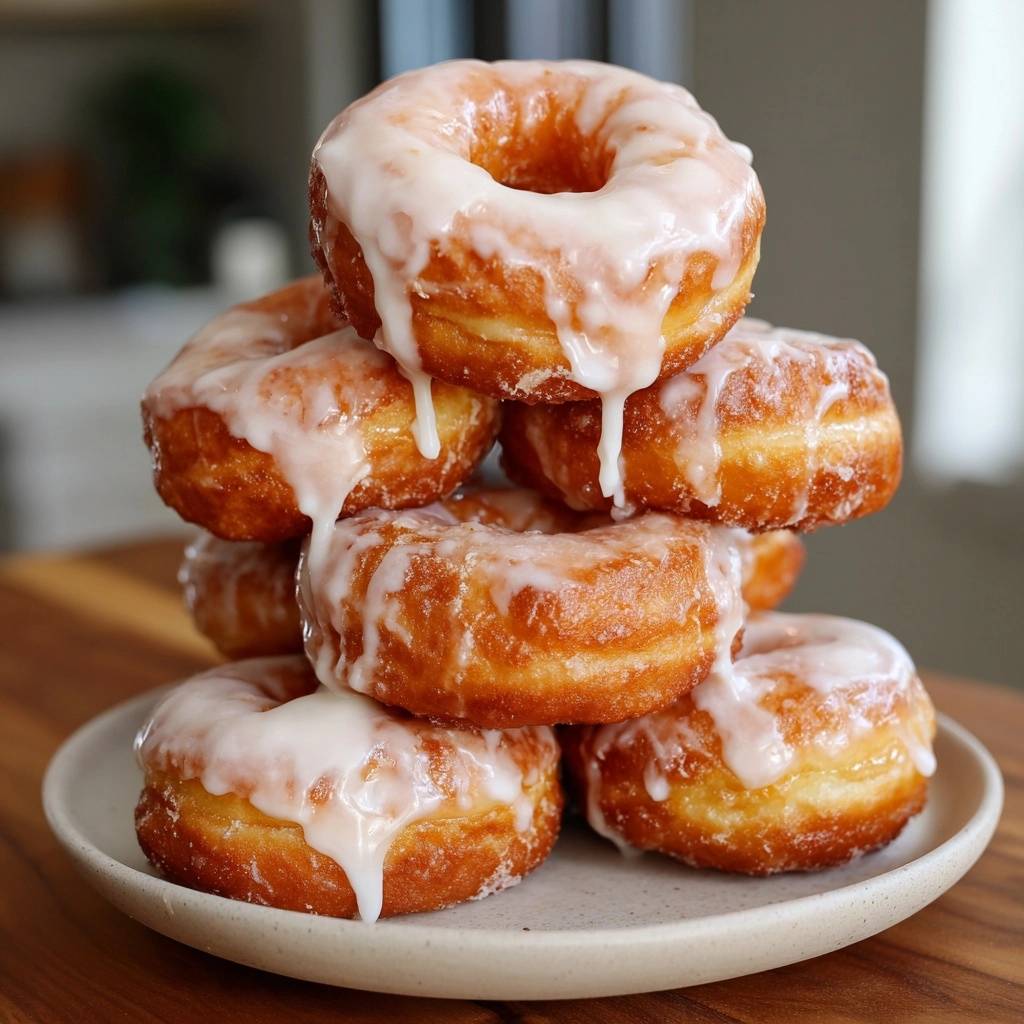 Perfekte glasierte Donuts, gestapelt auf einem Teller, mit dickflüssiger Glasur, die verführerisch herunterläuft. Ein köstliches Gebäck.