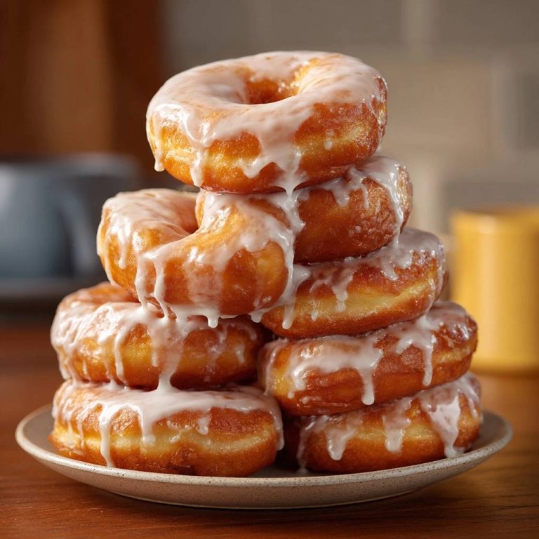 Perfekte glasierte Donuts, gestapelt auf einem Teller, mit reichlich glänzendem Zuckerguss, der über die goldbraunen Donuts tropft.
