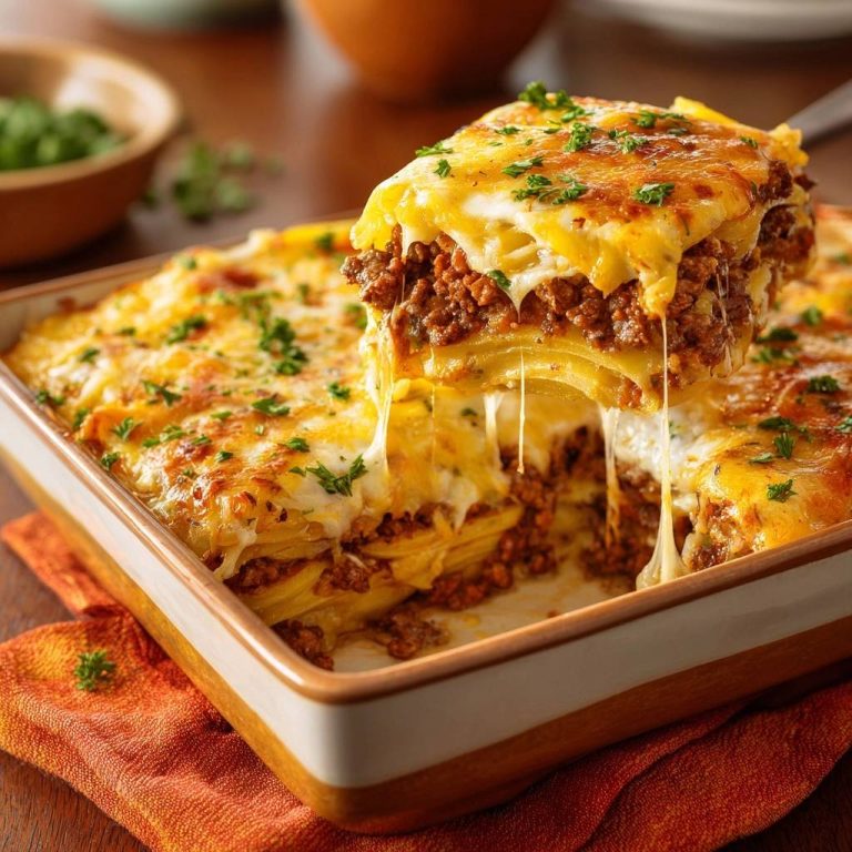 Perfekte Hackfleisch-Lasagne zeigt eine Nahaufnahme des köstlichen Querschnitts mit geschmolzenem Käse, der sich zieht. Die perfekte Lasagne wird serviert.