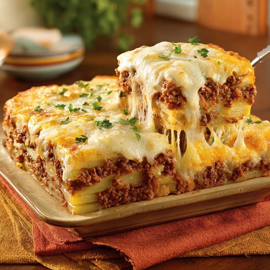 Perfekte Hackfleisch-Lasagne im Anschnitt, eine Nahaufnahme des geschichteten Innenlebens mit geschmolzenem Käse.
