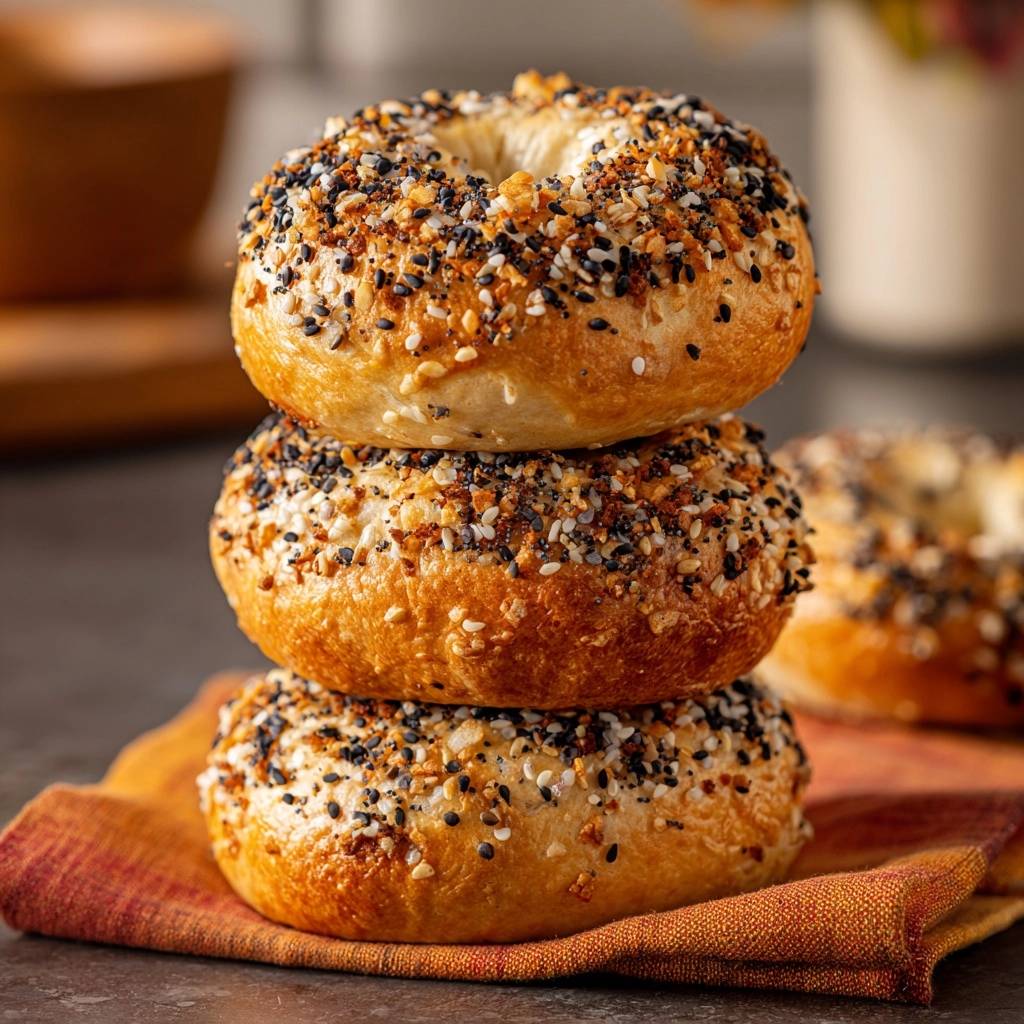 Perfekte Sesam Bagels Gestapelt 1 Perfekte Sesam-Bagels sind in diesem Bild gestapelt und mit reichlich Sesam bedeckt, bereit zum Genießen. Die goldbraune Kruste lädt zum Hineinbeißen ein.