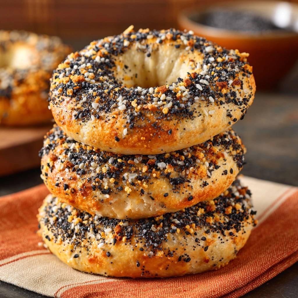 Perfekte Sesam-Bagels, gestapelt auf einem rustikalen orangefarbenen Küchentuch, mit einer Nahaufnahme, die die Textur der knusprigen Kruste zeigt.