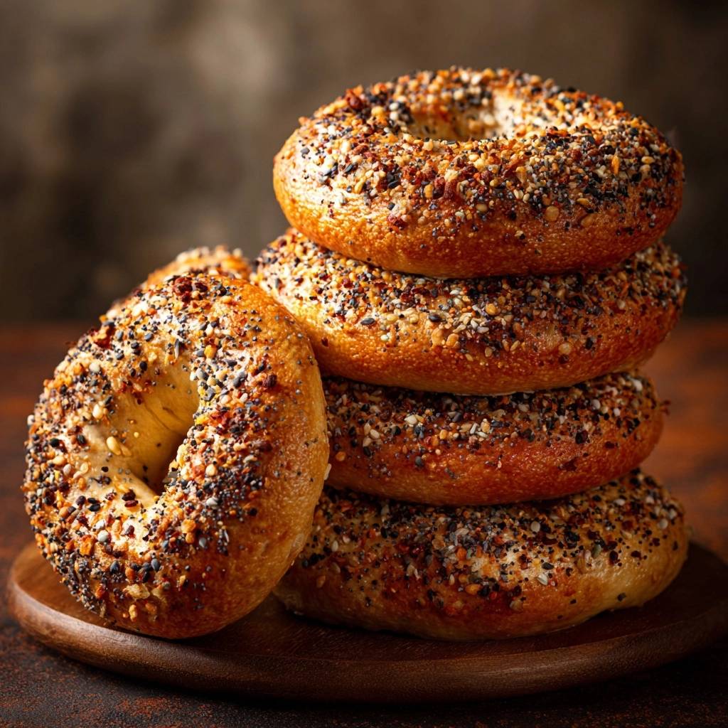 Perfekte Sesam-Mohn-Bagels, gestapelt auf einem rustikalen Holzbrett, zeigen die knusprige Oberfläche und die köstlichen Toppings.