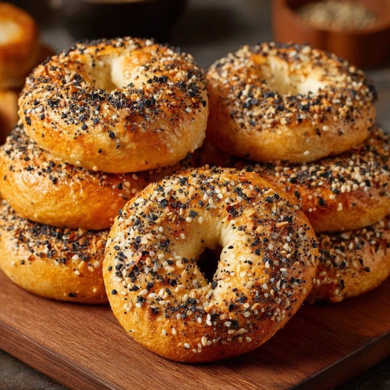 Perfekte Sesam-Mohn-Bagels, gestapelt auf einem Holzbrett, mit knuspriger Kruste und reichlich Topping aus Sesam und Mohn.