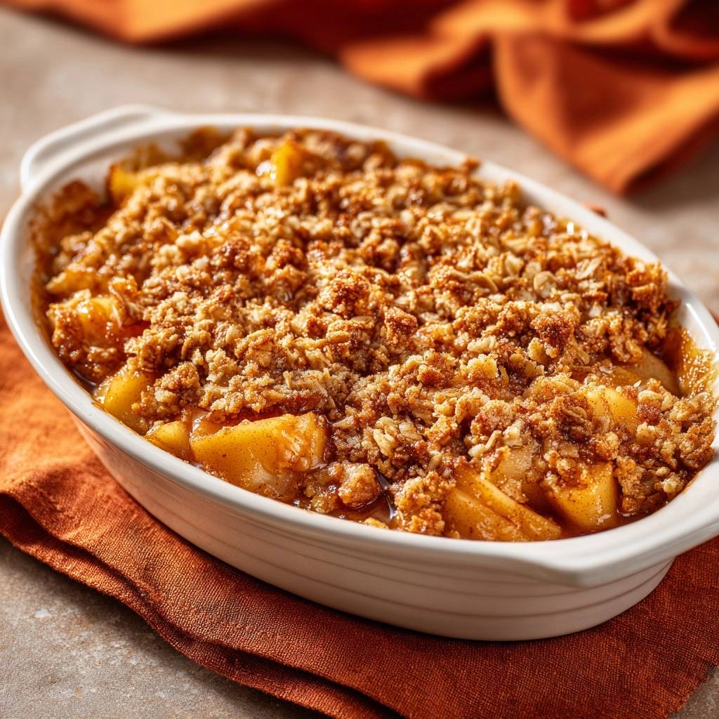 Perfekter Apfel-Crumble in einer Auflaufform, serviert und fertig gebacken, mit knuspriger Streusel-Topping. Ein köstliches Dessert.
