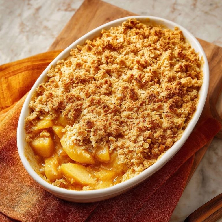 Perfekter Apfel-Crumble in einer weißen Auflaufform, serviert und von oben fotografiert, mit einer knusprigen Streuselkruste.