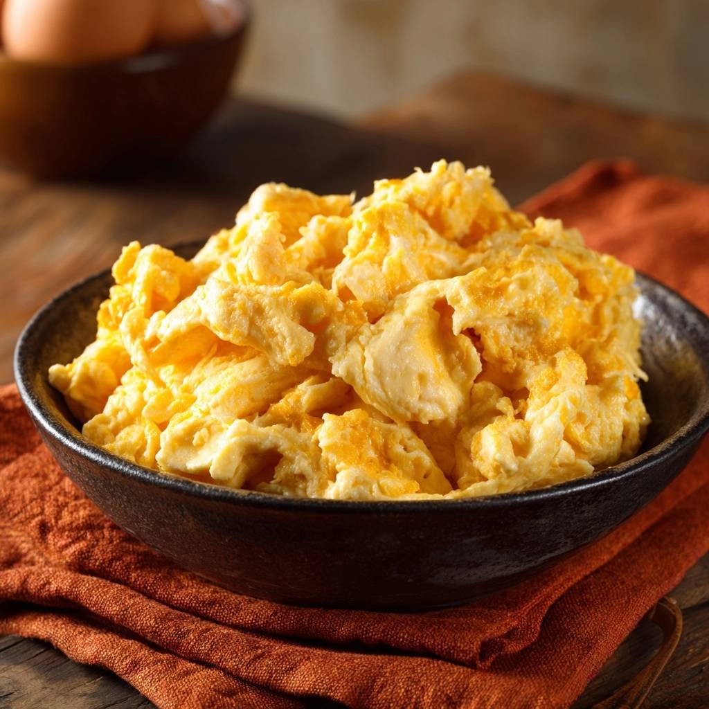 Perfektes cremiges Rührei, fluffig und saftig, serviert in einer dunklen Schüssel auf einem orangefarbenen Tischtuch. Das Rührei sieht wunderbar cremig aus.