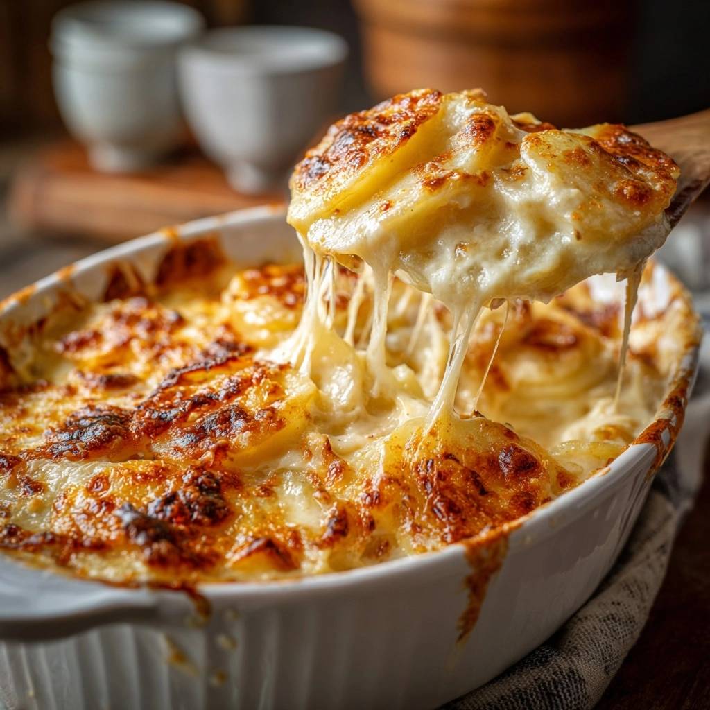 Perfektes Kartoffelgratin Kaese Zieht Nahaufnahme 1 Perfektes Kartoffelgratin: Nahaufnahme des köstlichen Auflaufs mit geschmolzenem Käse, der sich beim Abheben vom Löffel zieht.